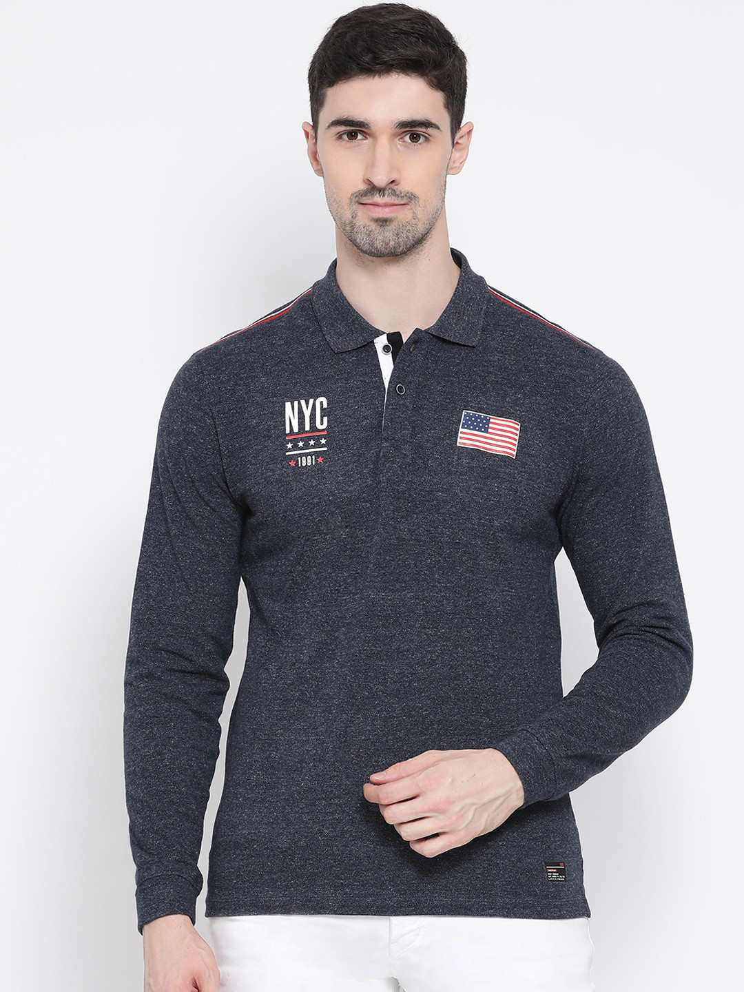 

METTLE Men Grey Printed Polo Collar T-shirt