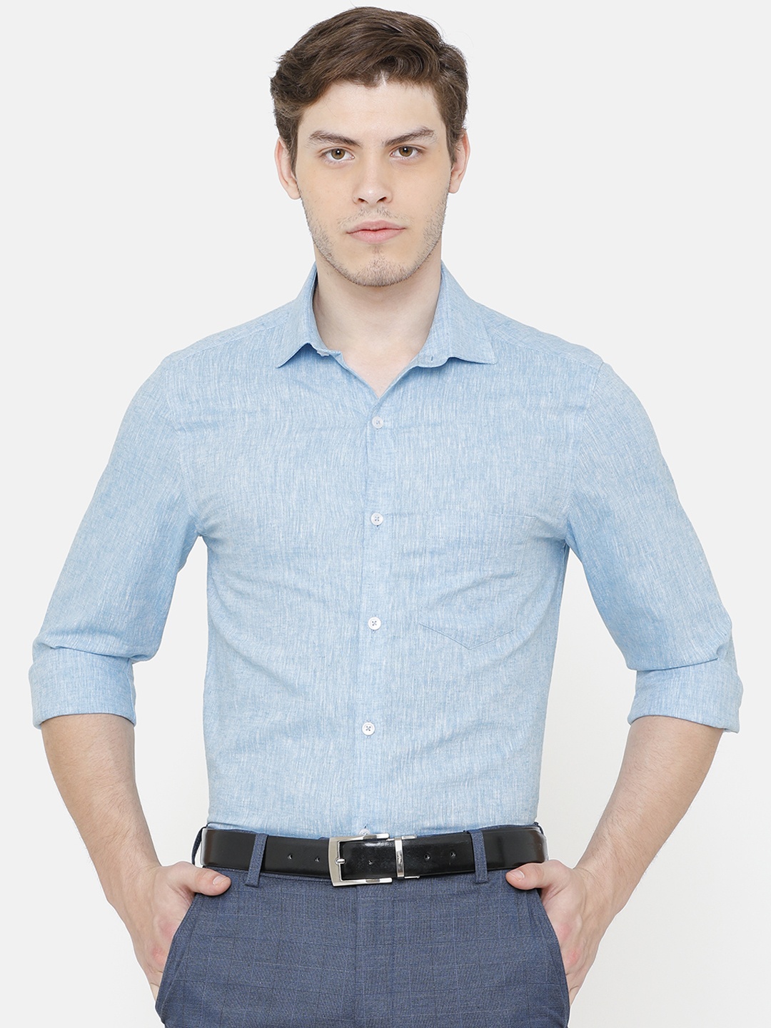 

CAVALLO by Linen Club Men Blue Solid Linen Cotton Formal Shirt