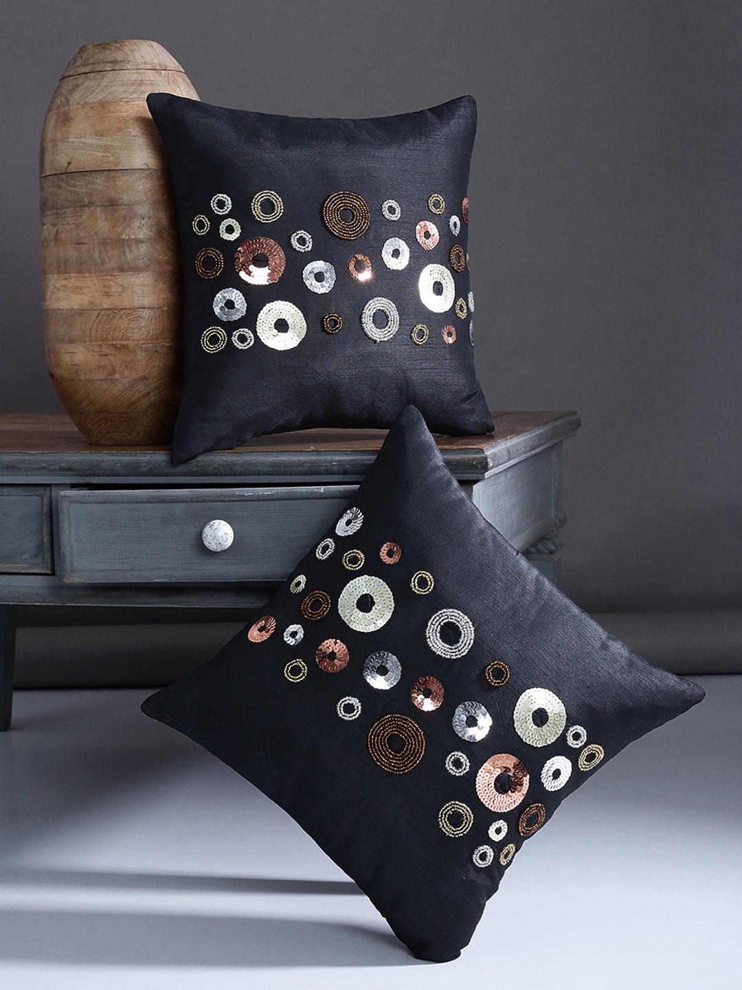 

Alina decor Black Set of 2 Embellished Square Cushion Covers