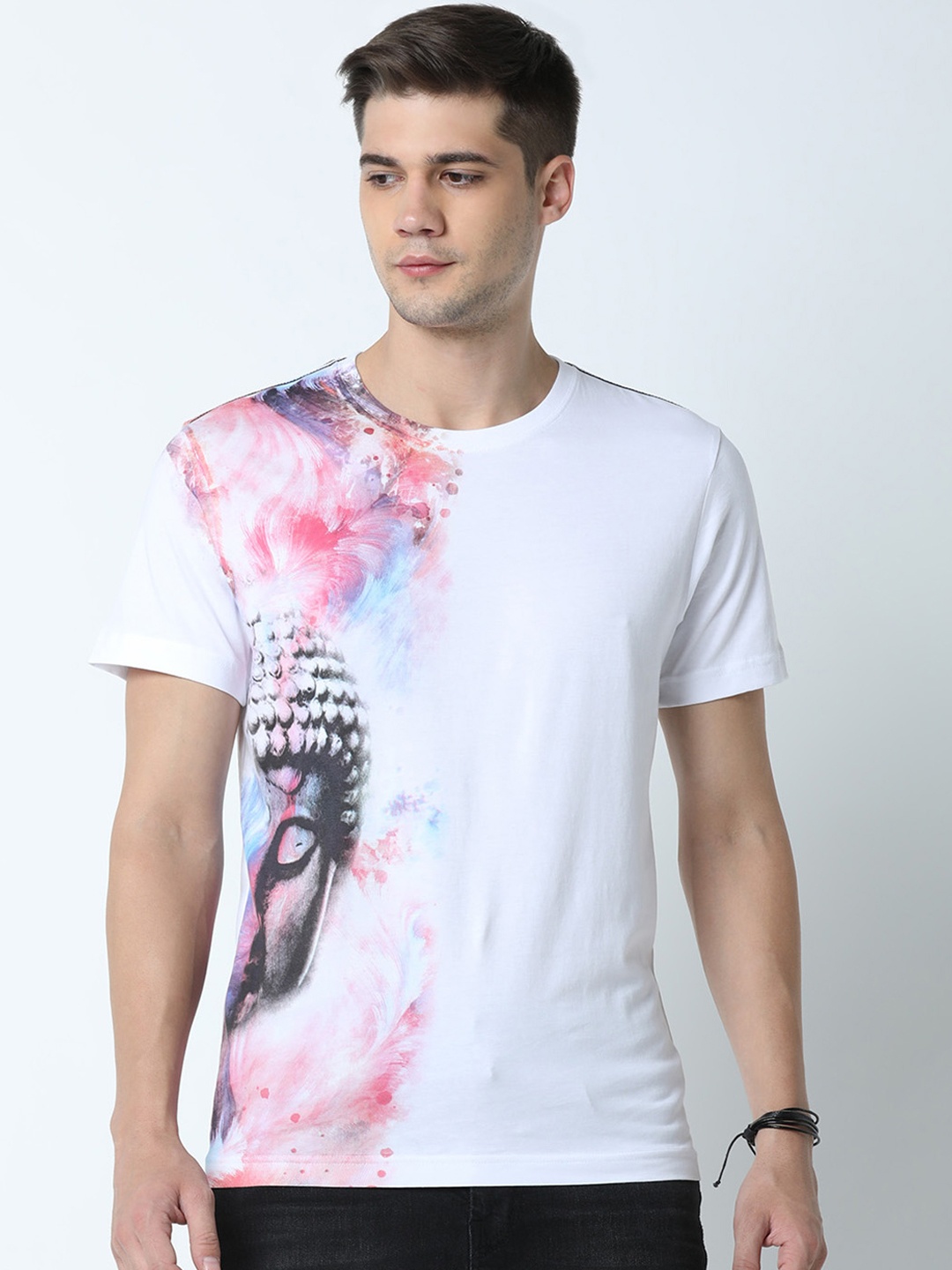 

Huetrap Men White & Pink Printed Round Neck T-shirt
