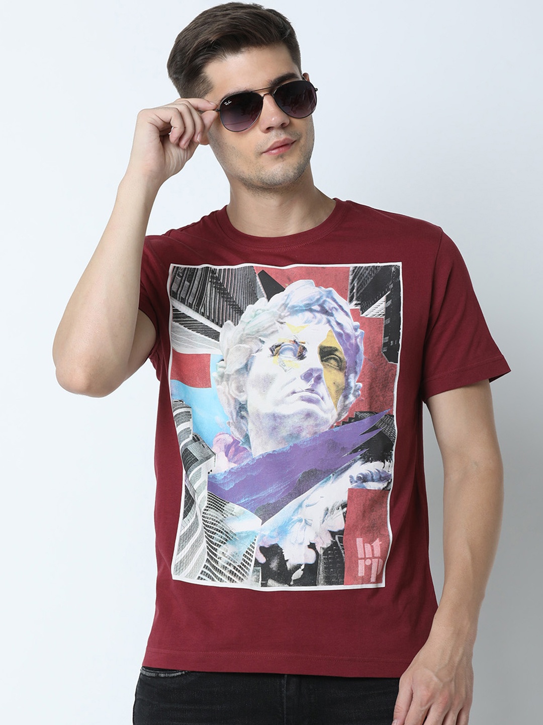

Huetrap Men Maroon & Grey Printed Round Neck T-shirt