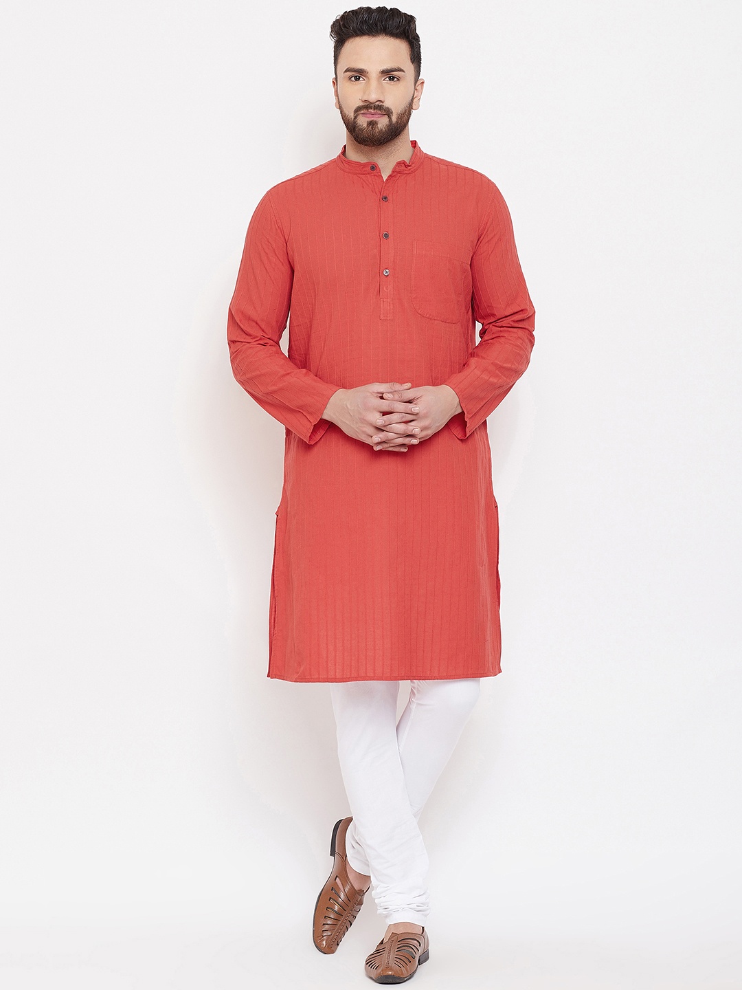 

even Men Rust Red Striped Straight Kurta
