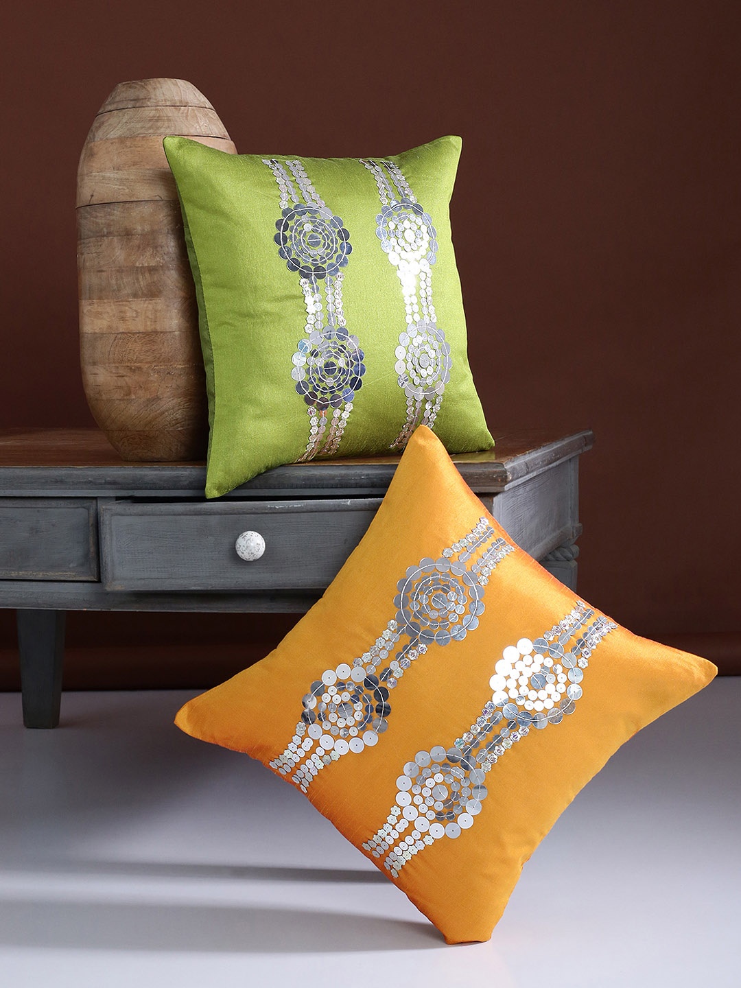 

Alina decor Yellow & Green Set of 2 Embellished Square Cushion Covers