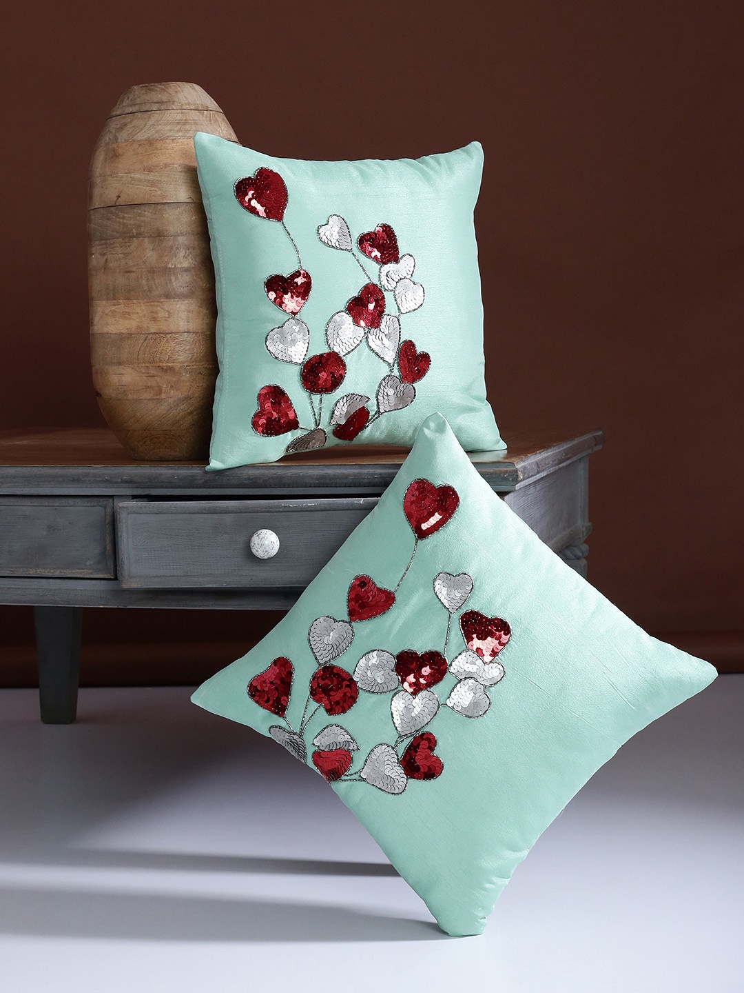 

Alina decor Sea Green Set of 2 Embellished Square Cushion Covers