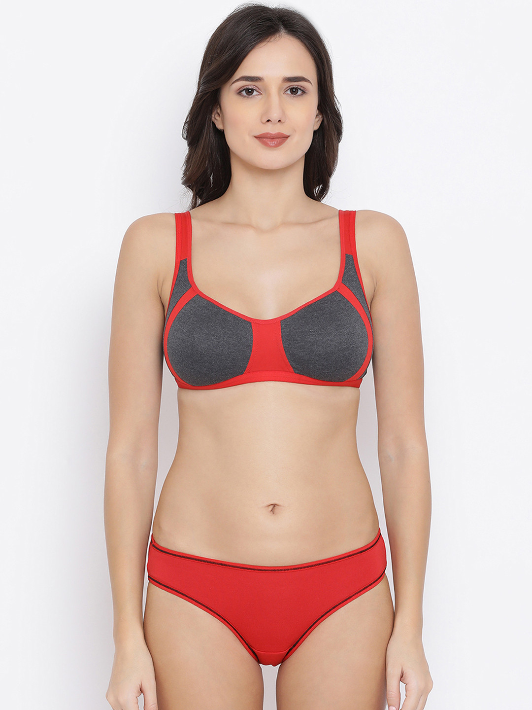 

Clovia Women Red & Grey Colourblocked Lingerie Set COMBBP71932B