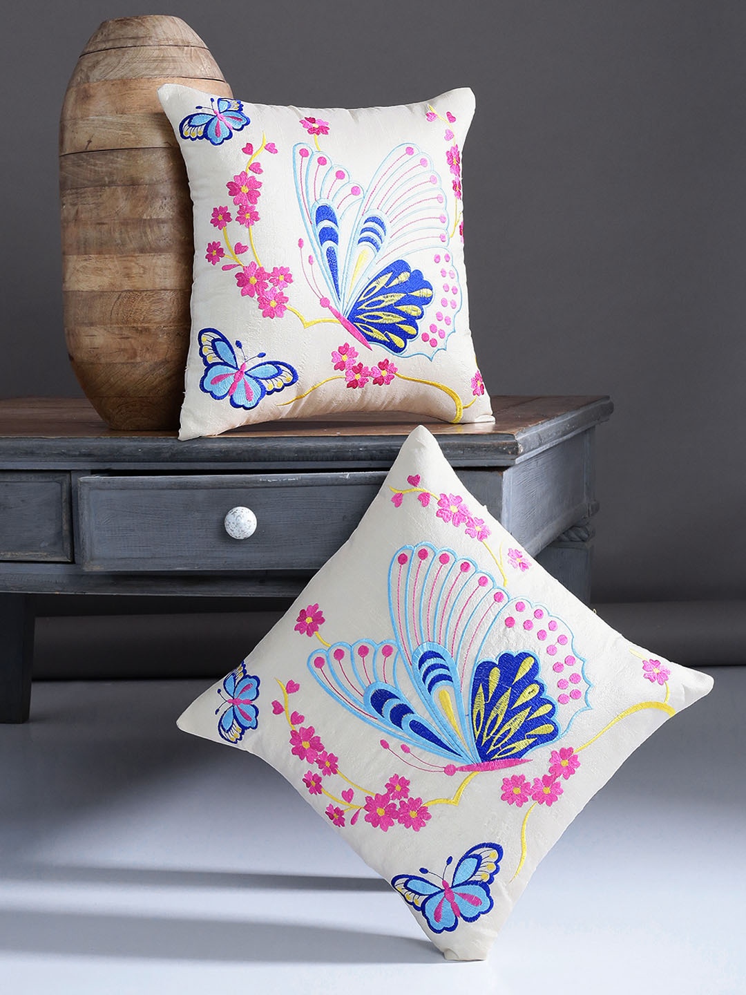 

Alina decor Beige & Pink Set of 2 Embroidered Square Cushion Covers