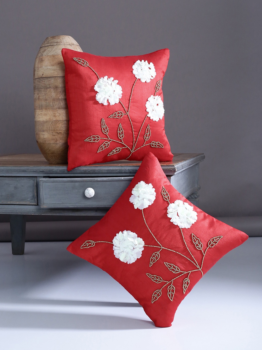 

Alina decor Red Set of 2 Embellished Square Cushion Covers