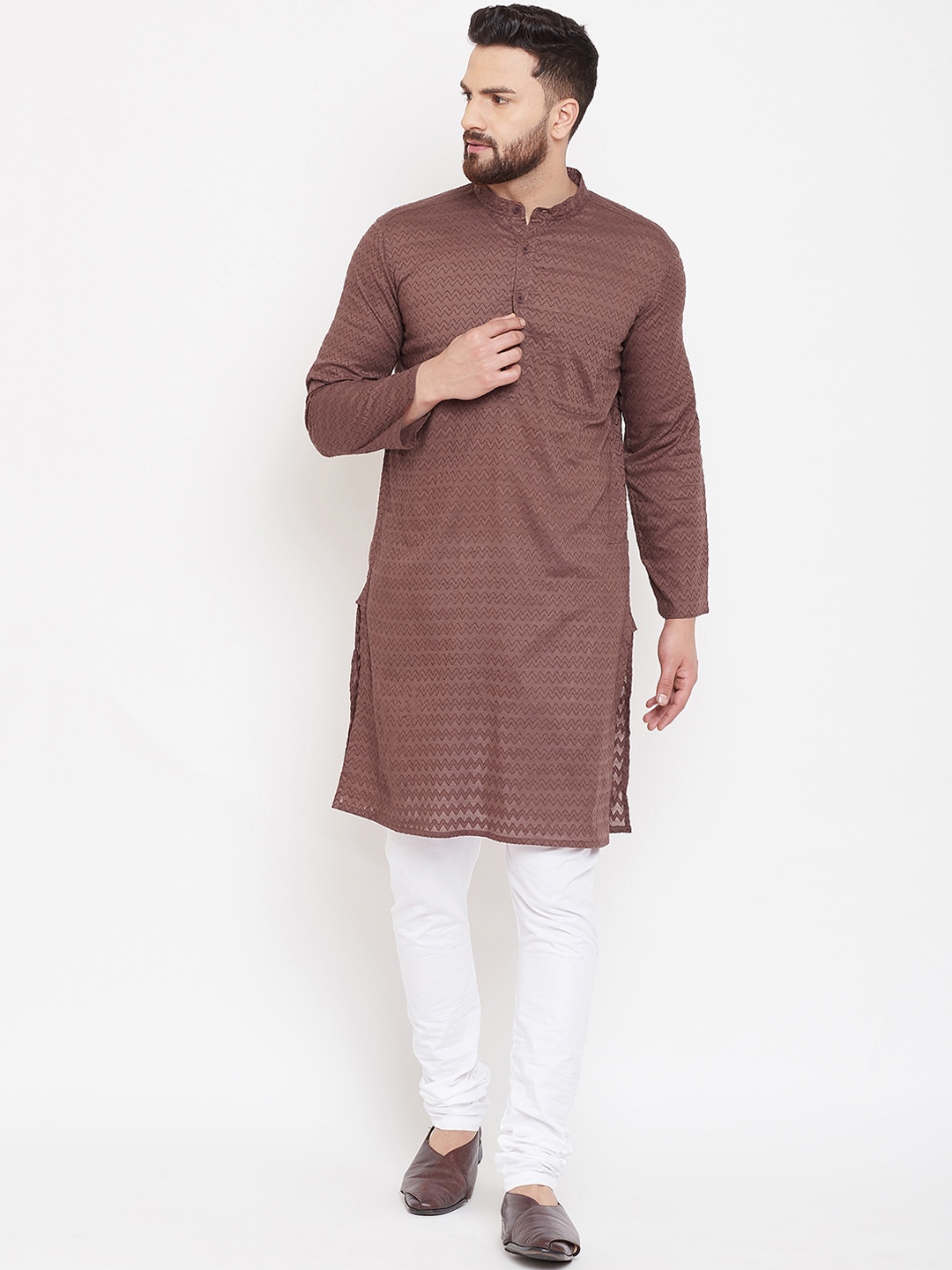 

even Men Brown Woven Design Straight Kurta