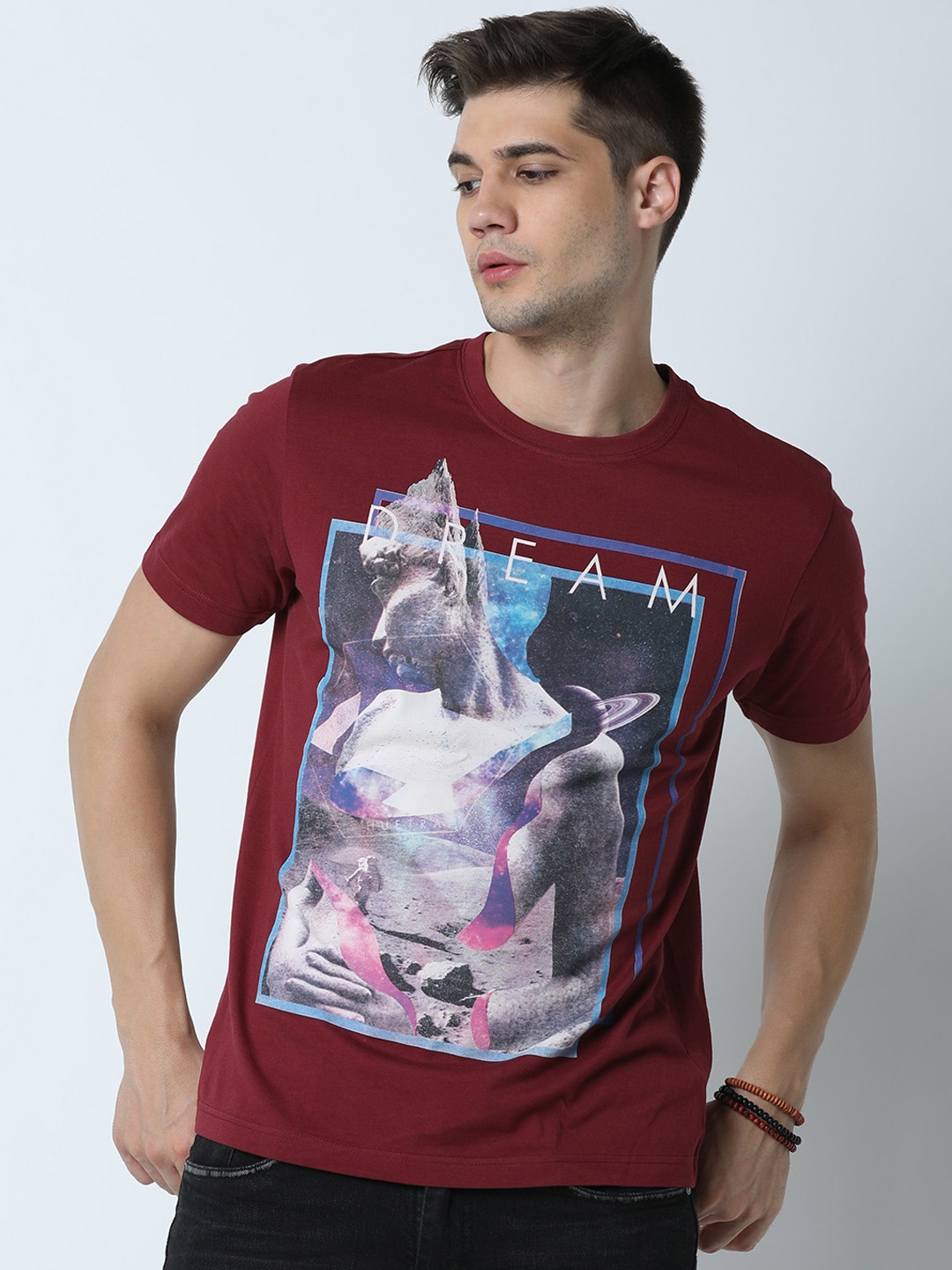 Huetrap Men Maroon & Grey Printed Round Neck T-shirt