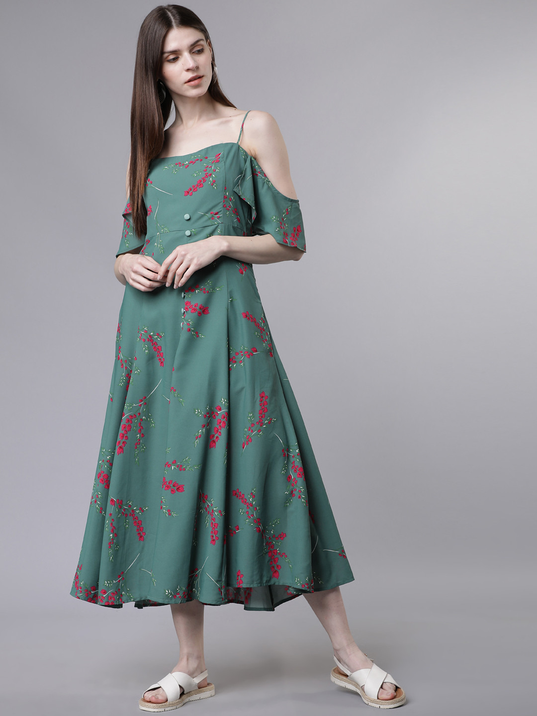 

Tokyo Talkies Women Teal Green Printed Fit and Flare Dress