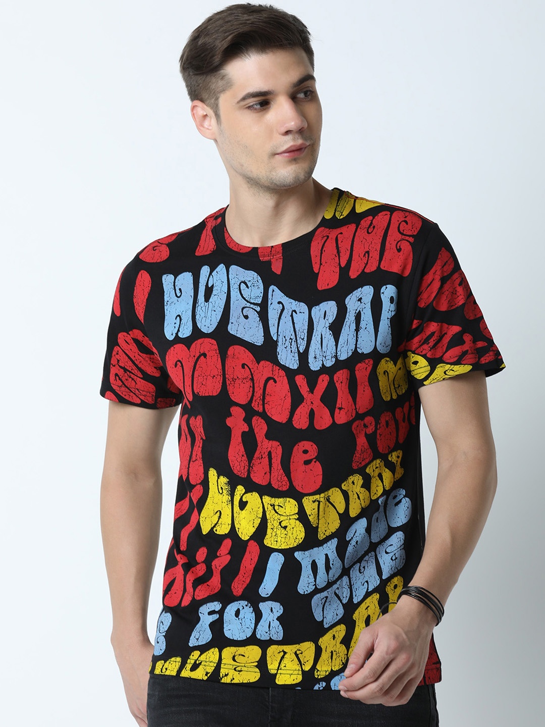 Huetrap Men Black Printed Round Neck T-shirt