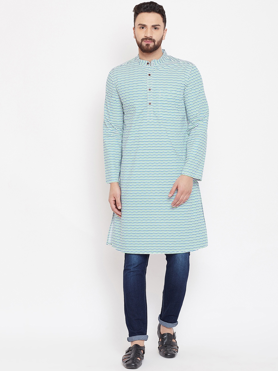 

even Men White & Blue Striped Straight Kurta