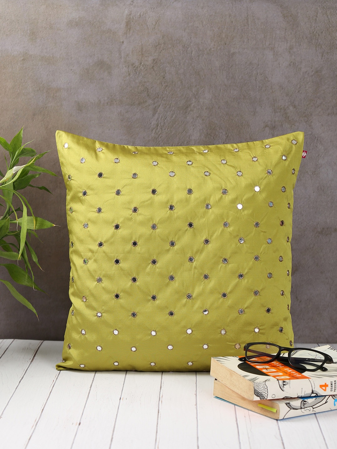 

India Circus by Krsnaa Mehta Olive Green Single Embellished Square Cushion Covers