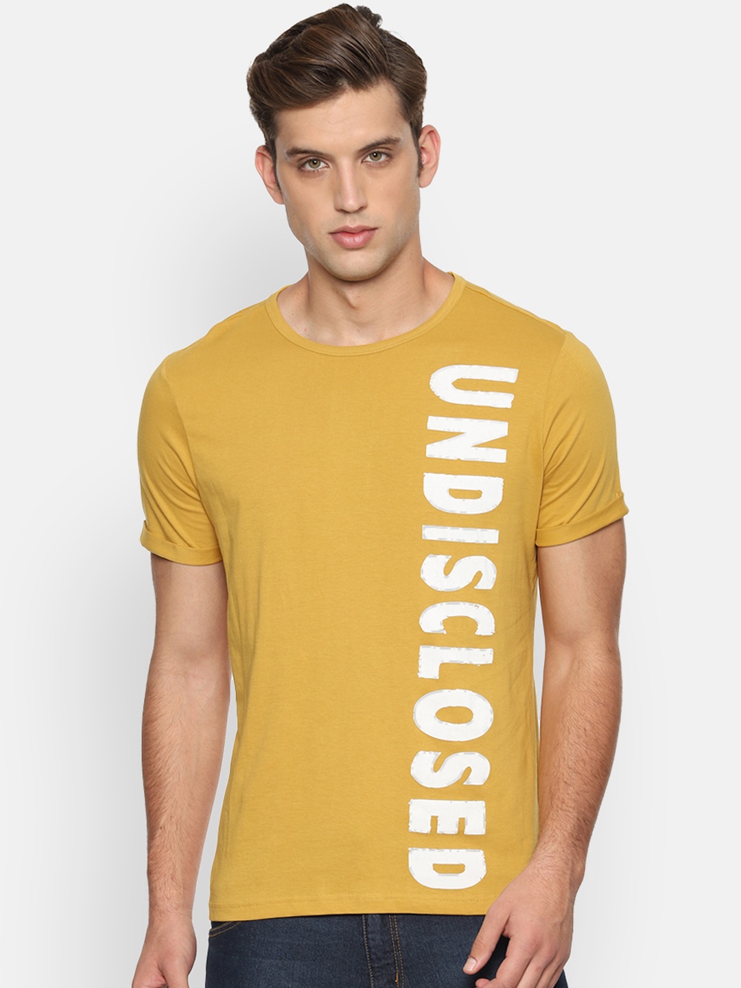 

People Men Yellow White Printed Round Neck Pure Cotton T-shirt