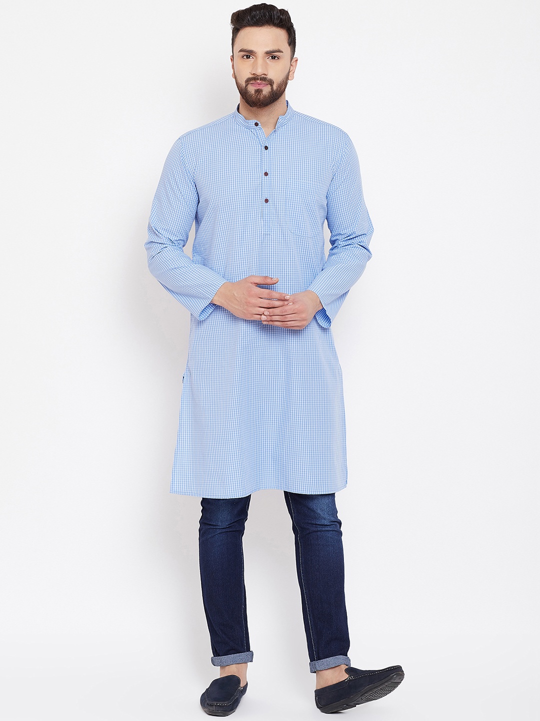 

even Men Blue Checked Straight Kurta