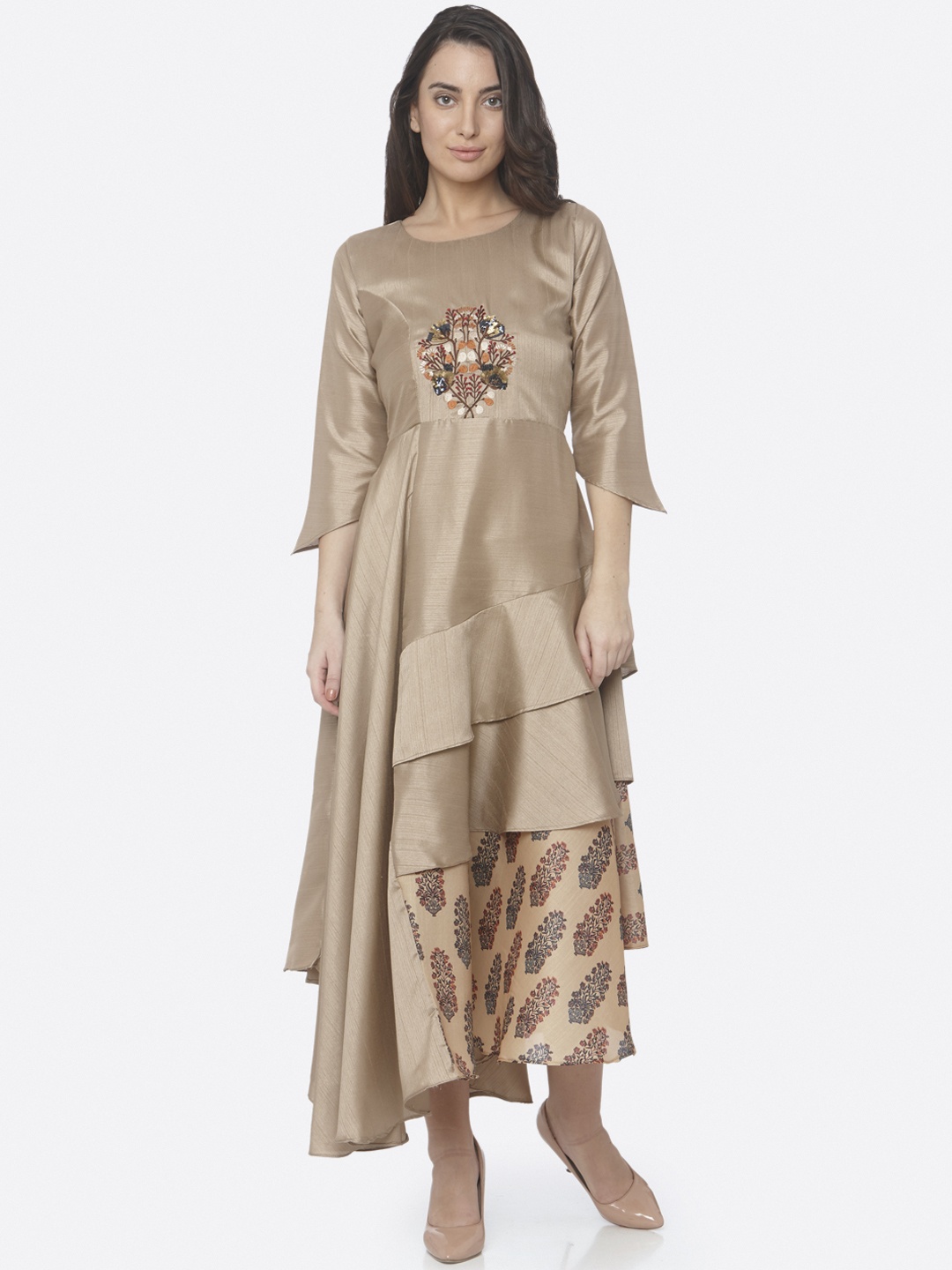 

RAISIN Women Beige Embroidered Maxi Dress