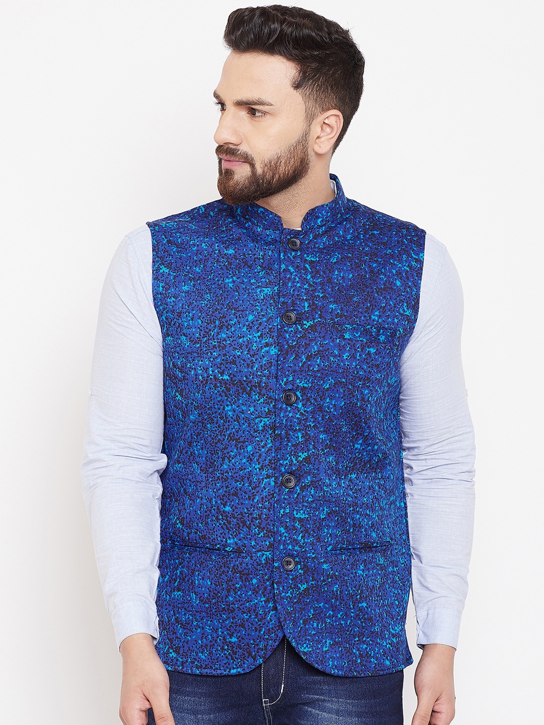 

even Men Blue Printed Woven Nehru Jacket
