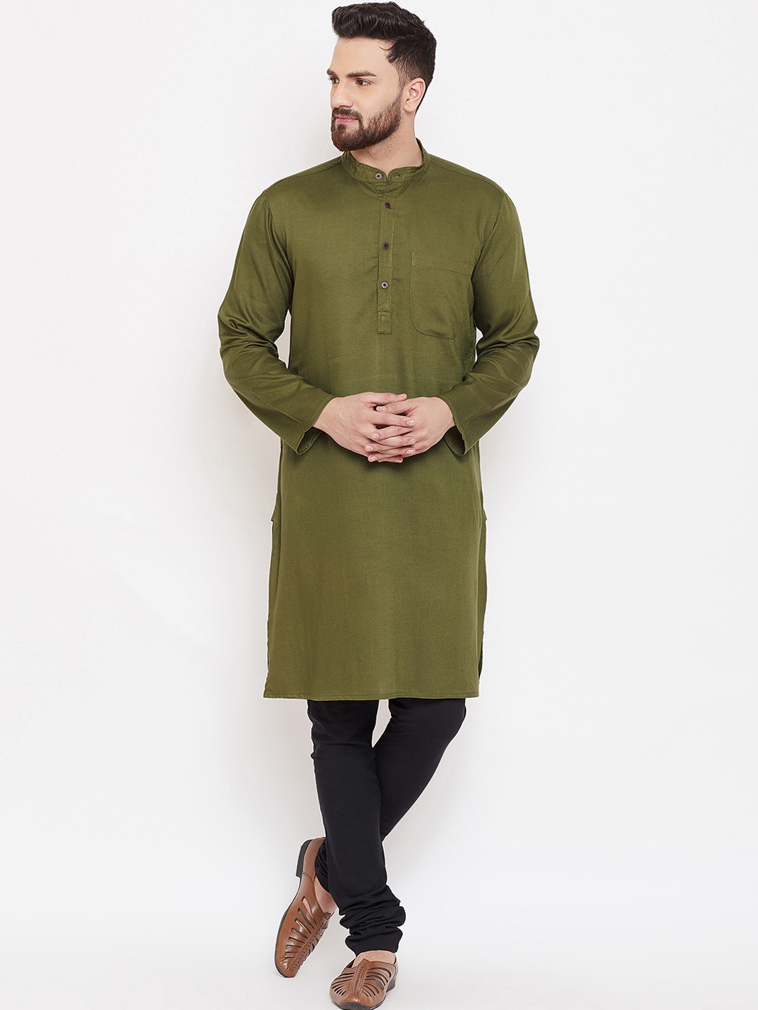 

even Men Olive Green Solid Straight Kurta