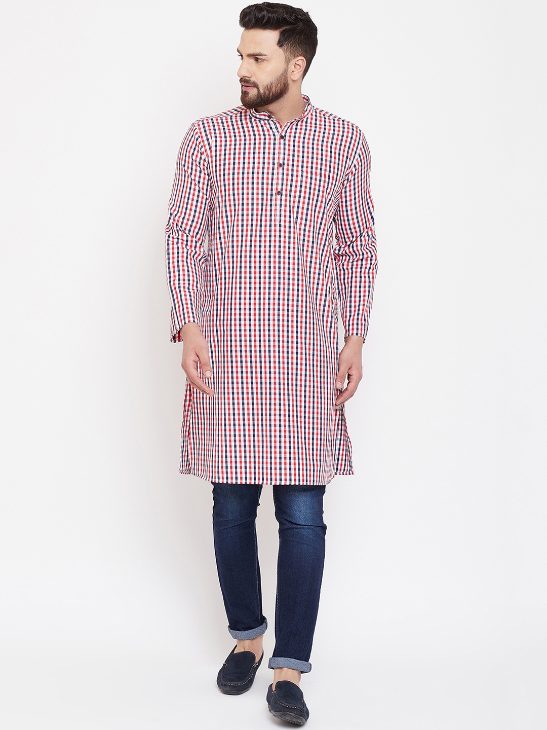 

even Men Red & White Checked Straight Kurta