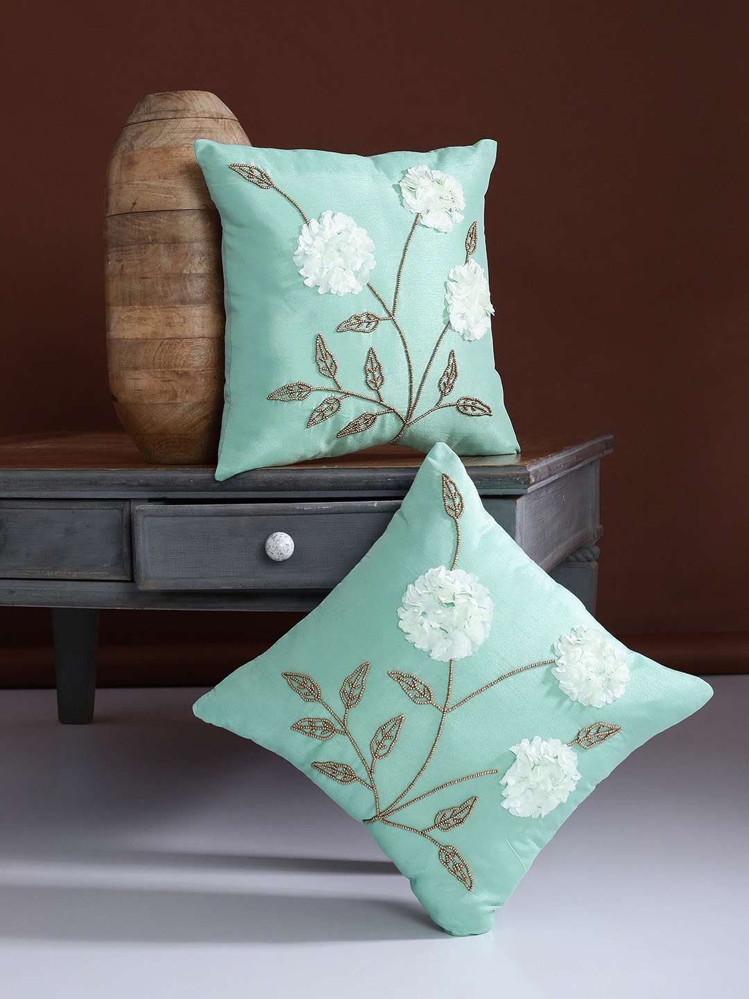 

Alina decor Sea Green Set of 2 Embellished Square Cushion Covers