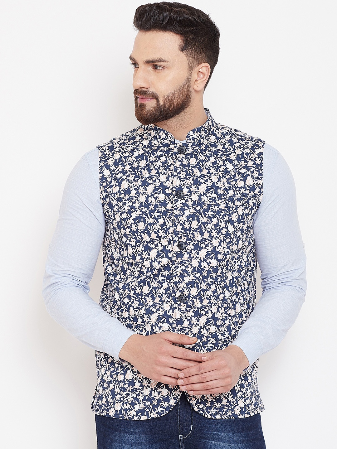 

even Men Blue & White Printed Woven Pure Cotton Nehru Jacket