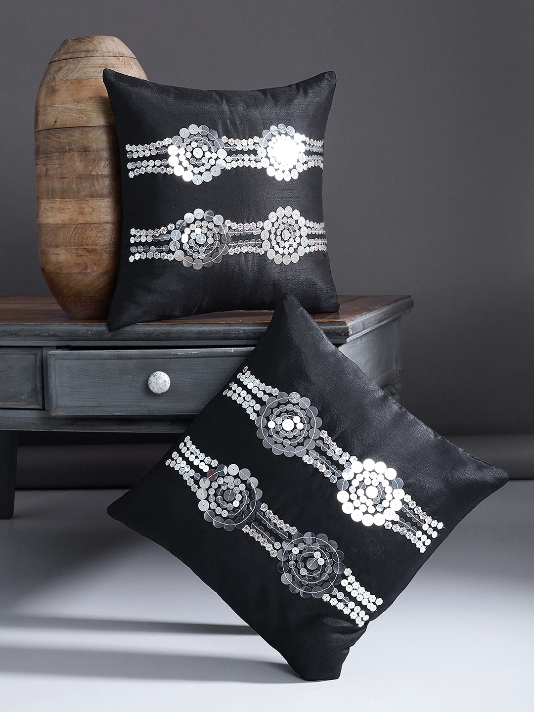 

Alina decor Black Set of 2 Embellished Square Cushion Covers