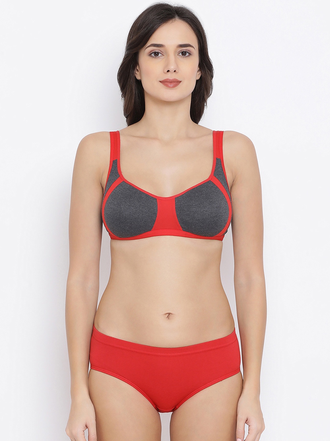 

Clovia Women Red & Grey Colourblocked Lingerie Set COMBBP71832B