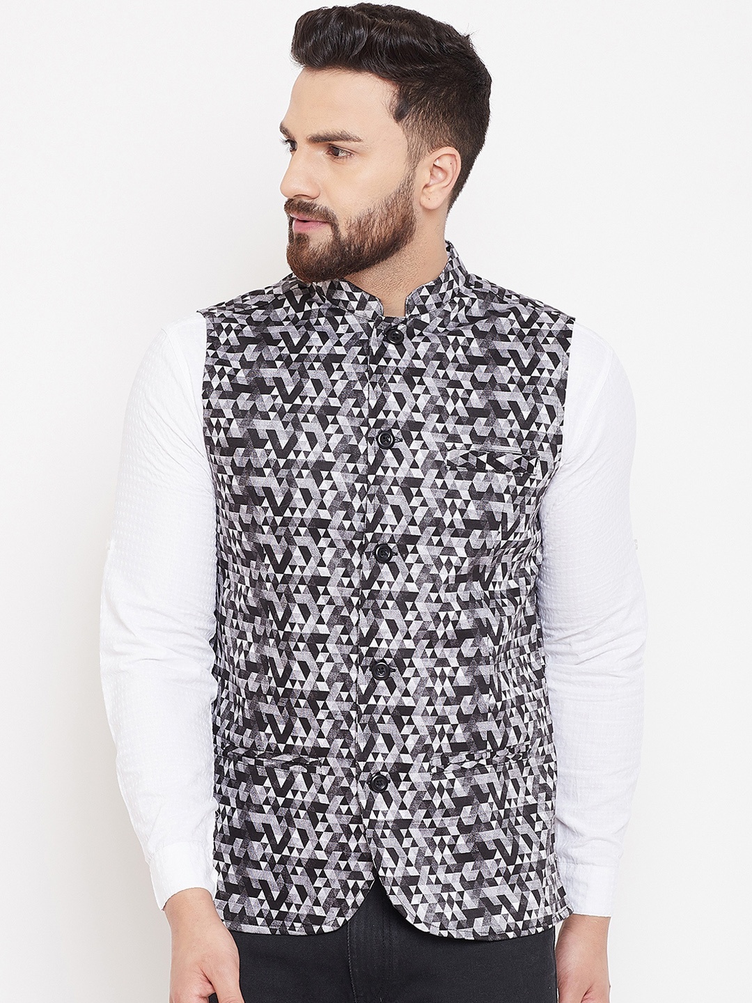 

even Men Grey & White Printed Woven Pure Cotton Nehru Jacket