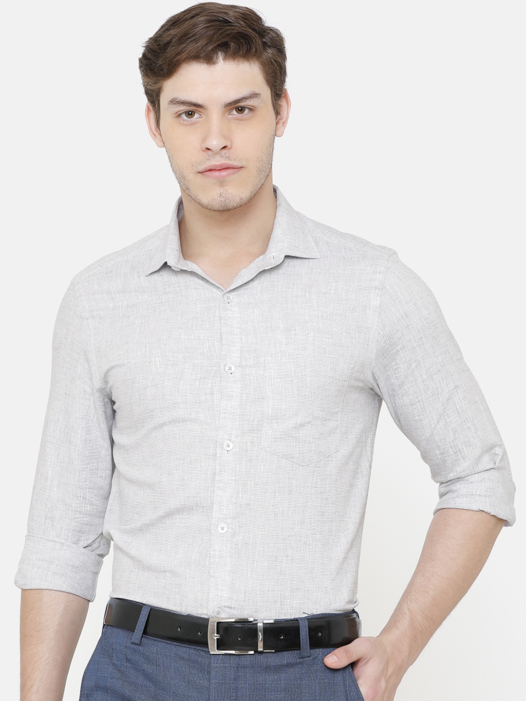 

CAVALLO by Linen Club Men White & Grey Linen Cotton Regular Fit Solid Formal Shirt