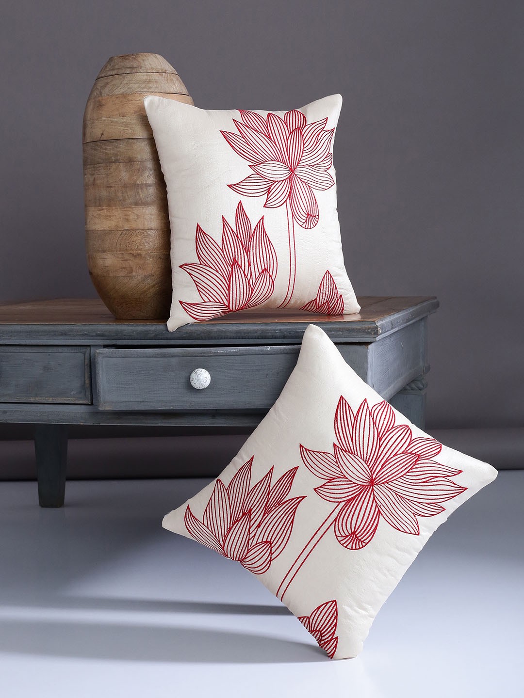 

Alina decor Beige & Red Set of 2 Embroidered Square Cushion Covers