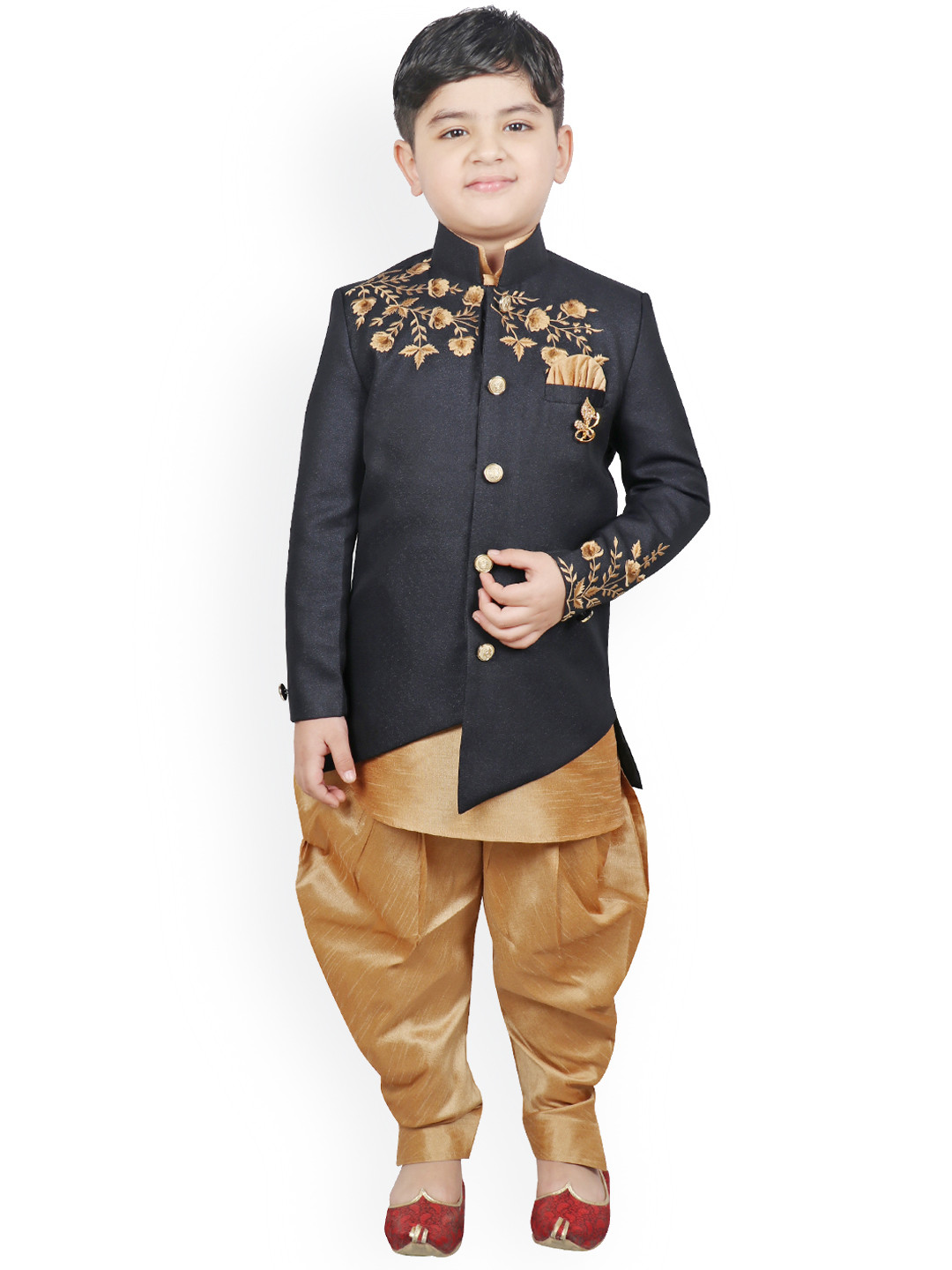 

SG YUVRAJ Boys Gold-Toned & Navy Blue Embroidered Kurta with Patiala & Bandhgala Blazer