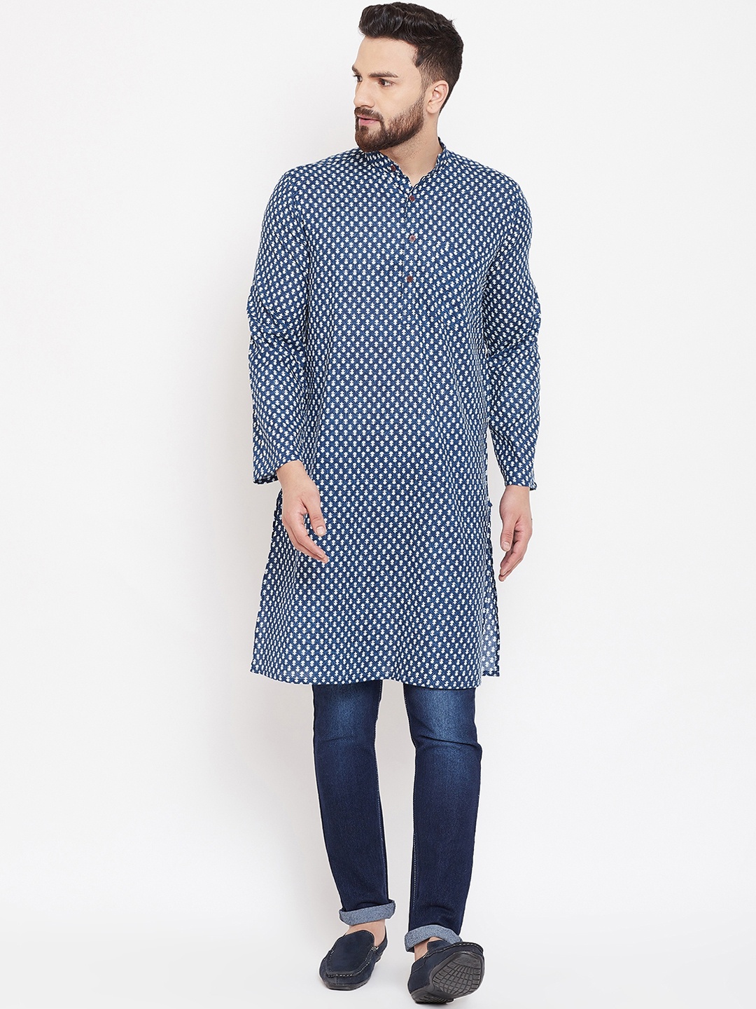 

even Men Blue & White Printed Straight Kurta