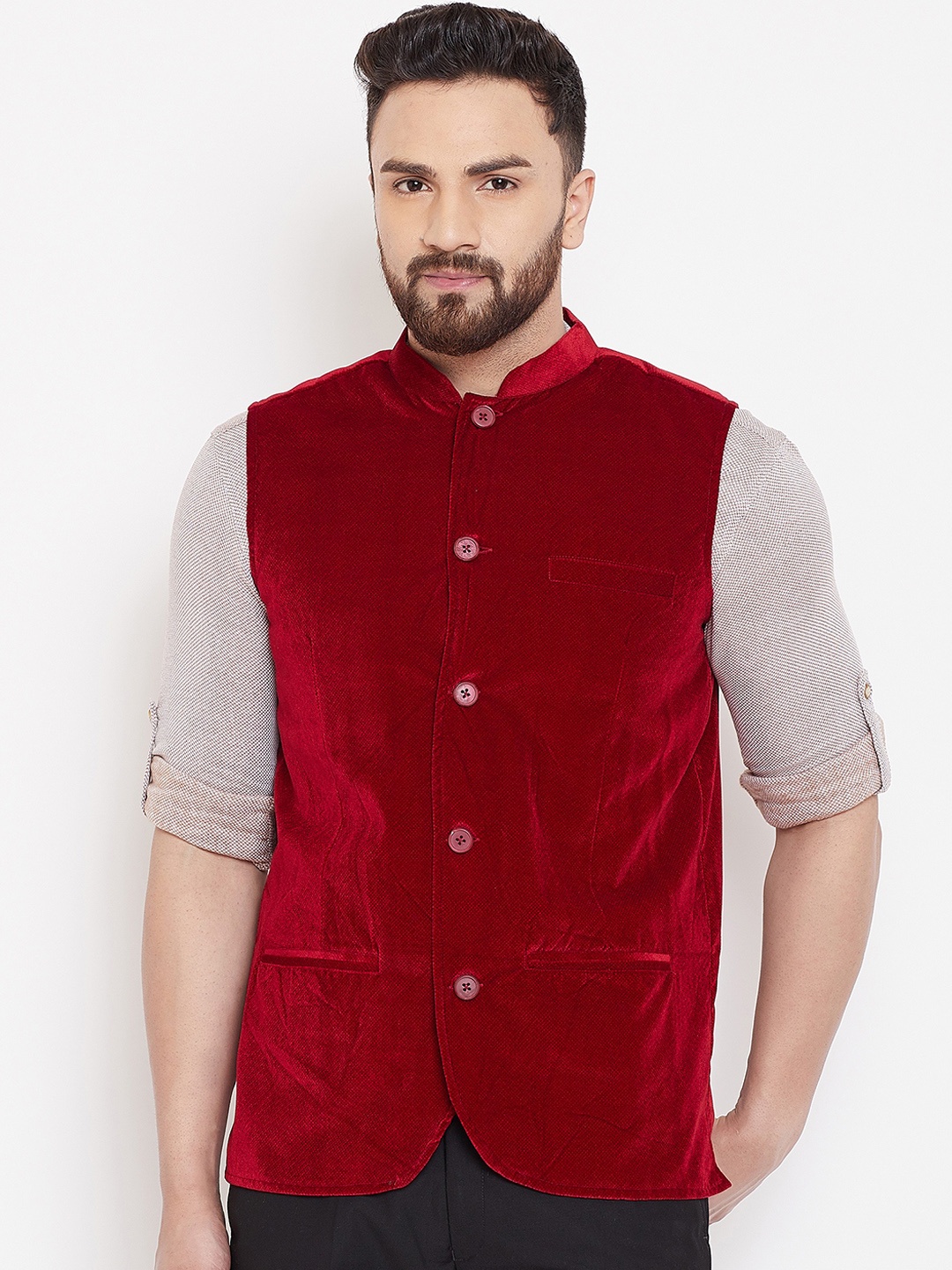

even Men Maroon Solid Velvet Nehru Jacket