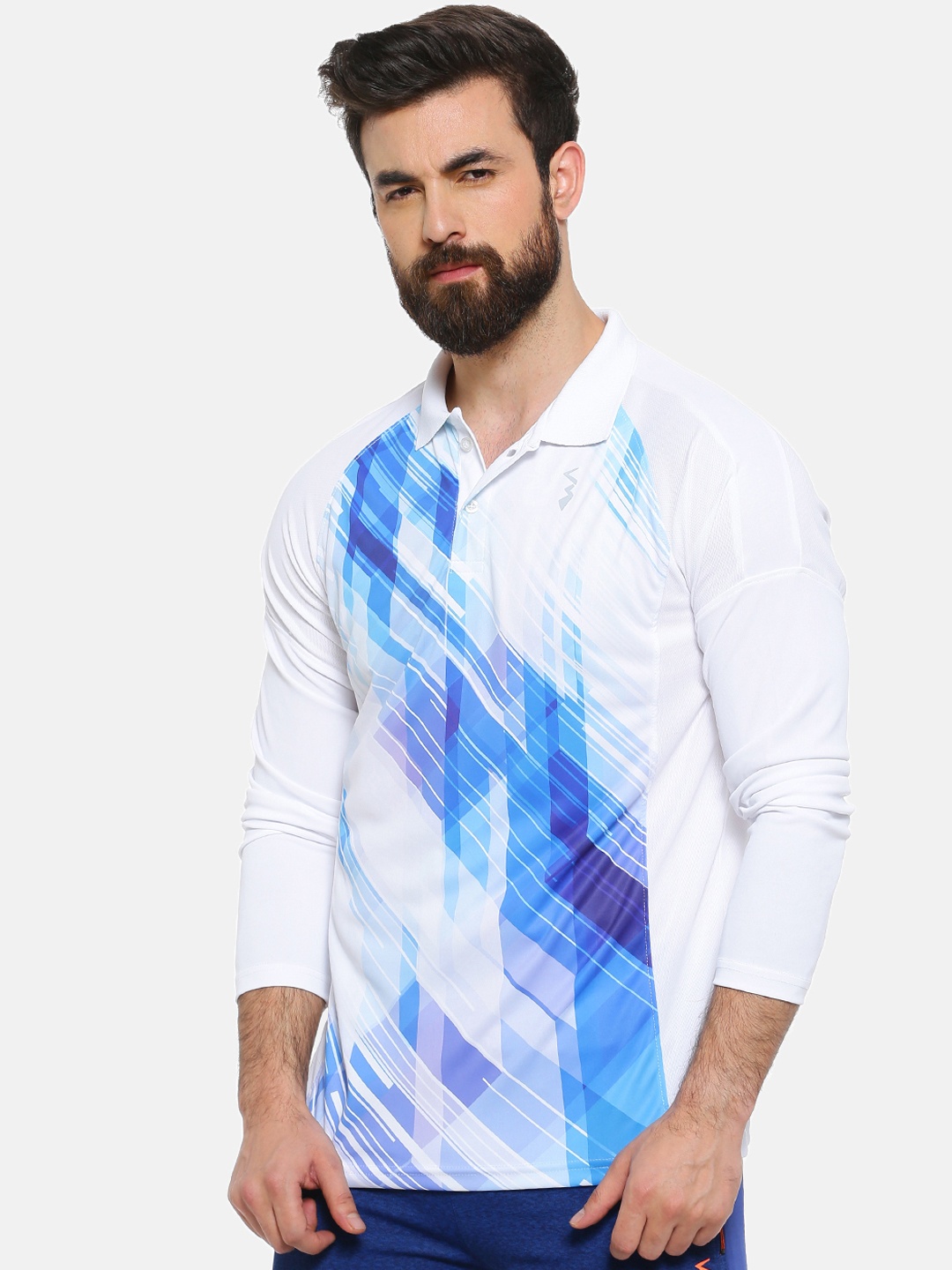 Campus Sutra Men White & Blue Printed Polo Collar T-shirt