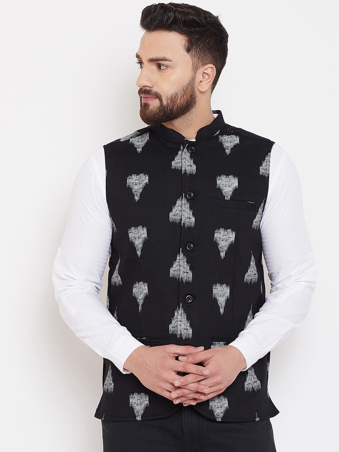 

even Men Black & Grey Printed Woven Nehru Jacket