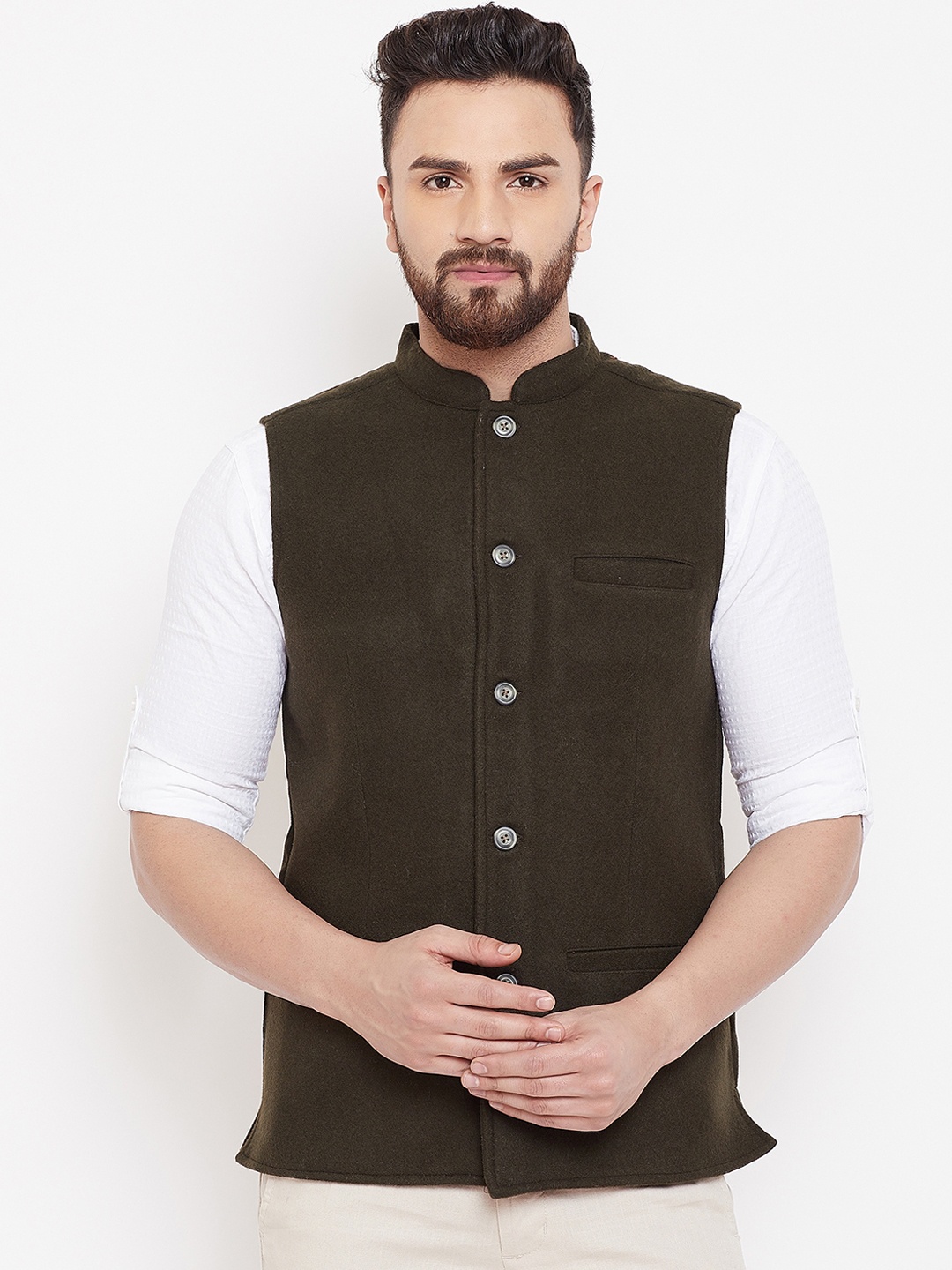 

even Men Olive Green Solid Woven Pure Wool Nehru Jacket