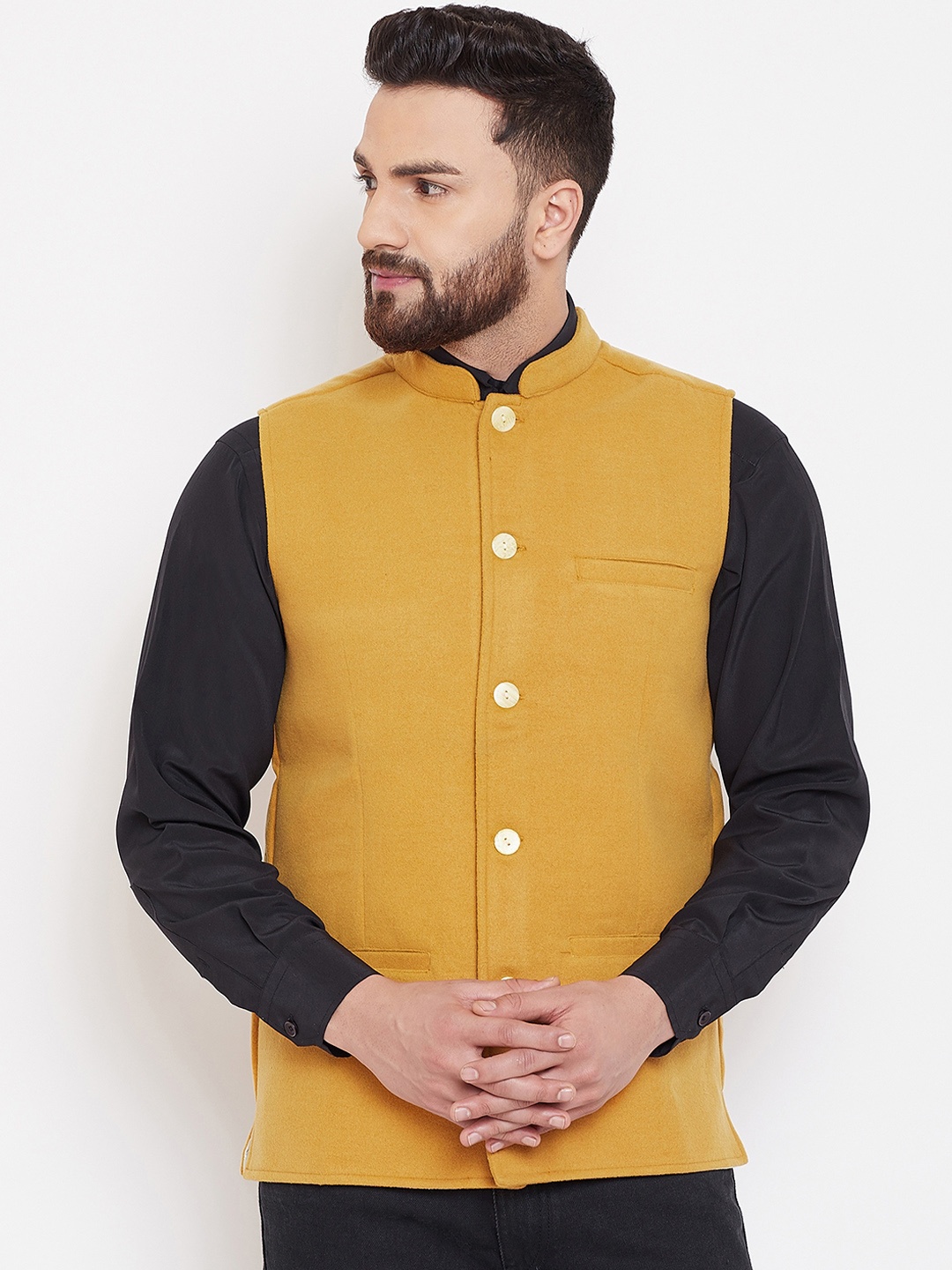 

even Men Mustard Yellow Solid Woven Pure Wool Nehru Jacket