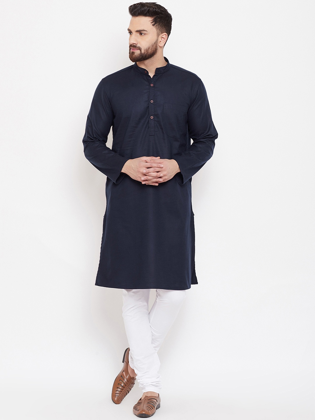 

even Men Navy Blue Solid Straight Kurta