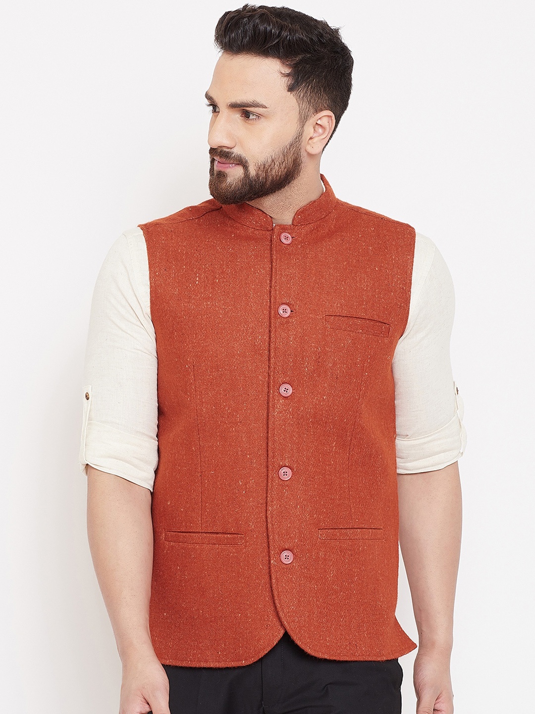 

even Men Rust Brown Solid Woven Pure Wool Nehru Jacket