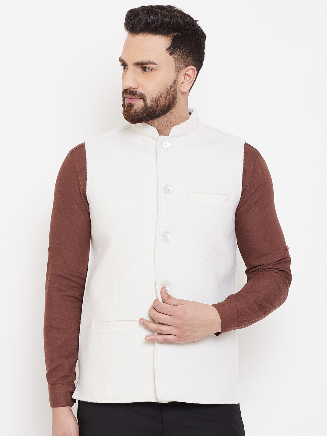 

even Men White Solid Woven Pure Wool Nehru Jacket