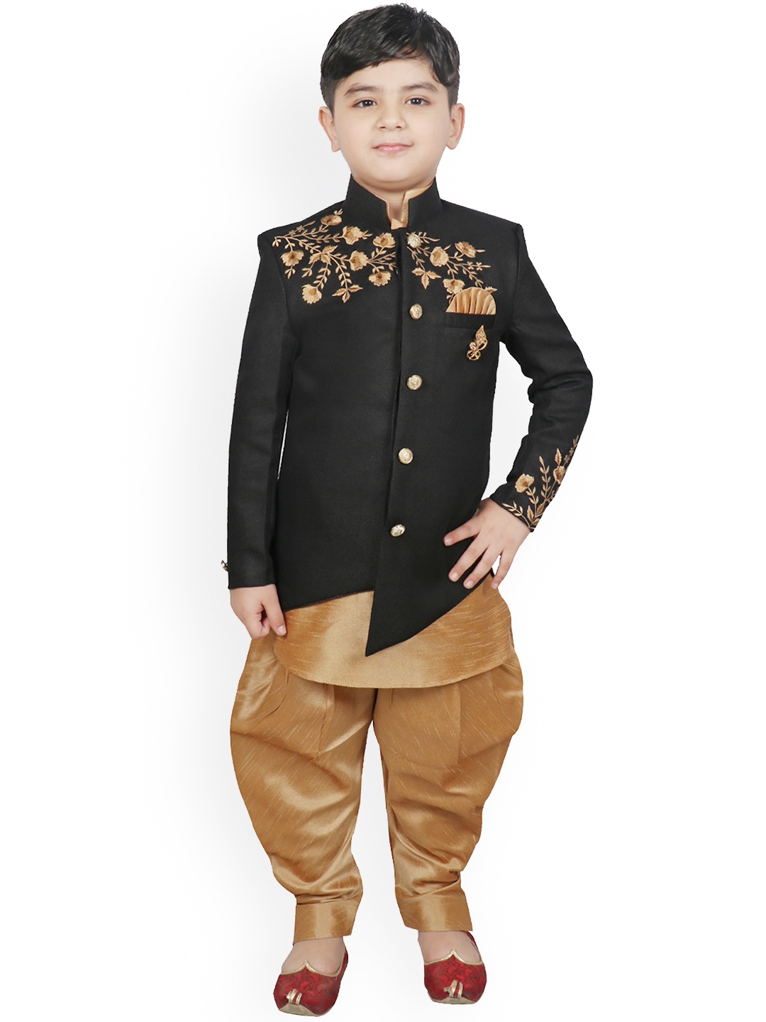 

SG YUVRAJ Boys Gold-Coloured & Black Embroidered Kurta with Patiala & Bandhgala Blazer