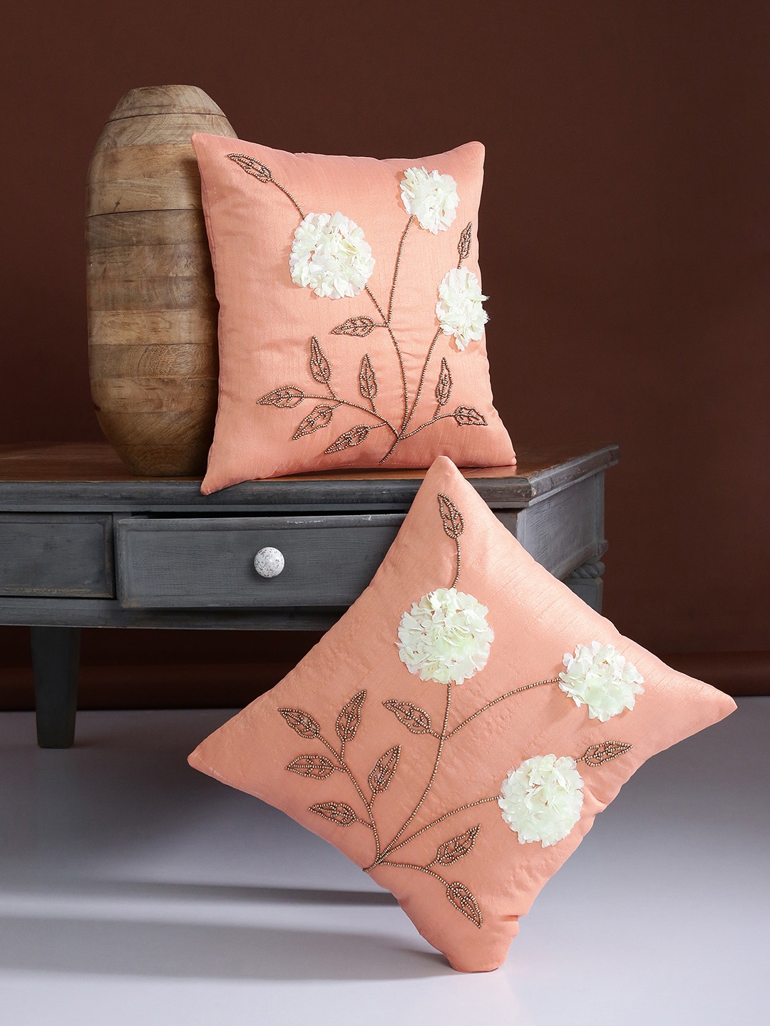 

Alina decor Peach-Coloured Set of 2 Embellished Square Cushion Covers