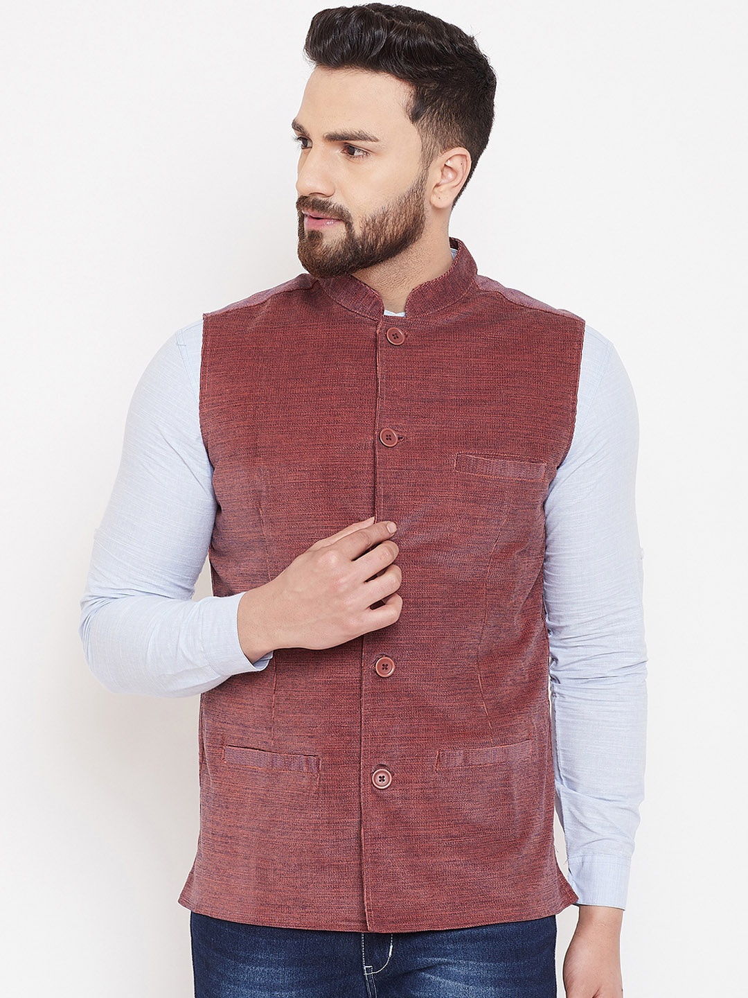 

even Men Rust-Coloured Woven Design Velvet Nehru Jacket