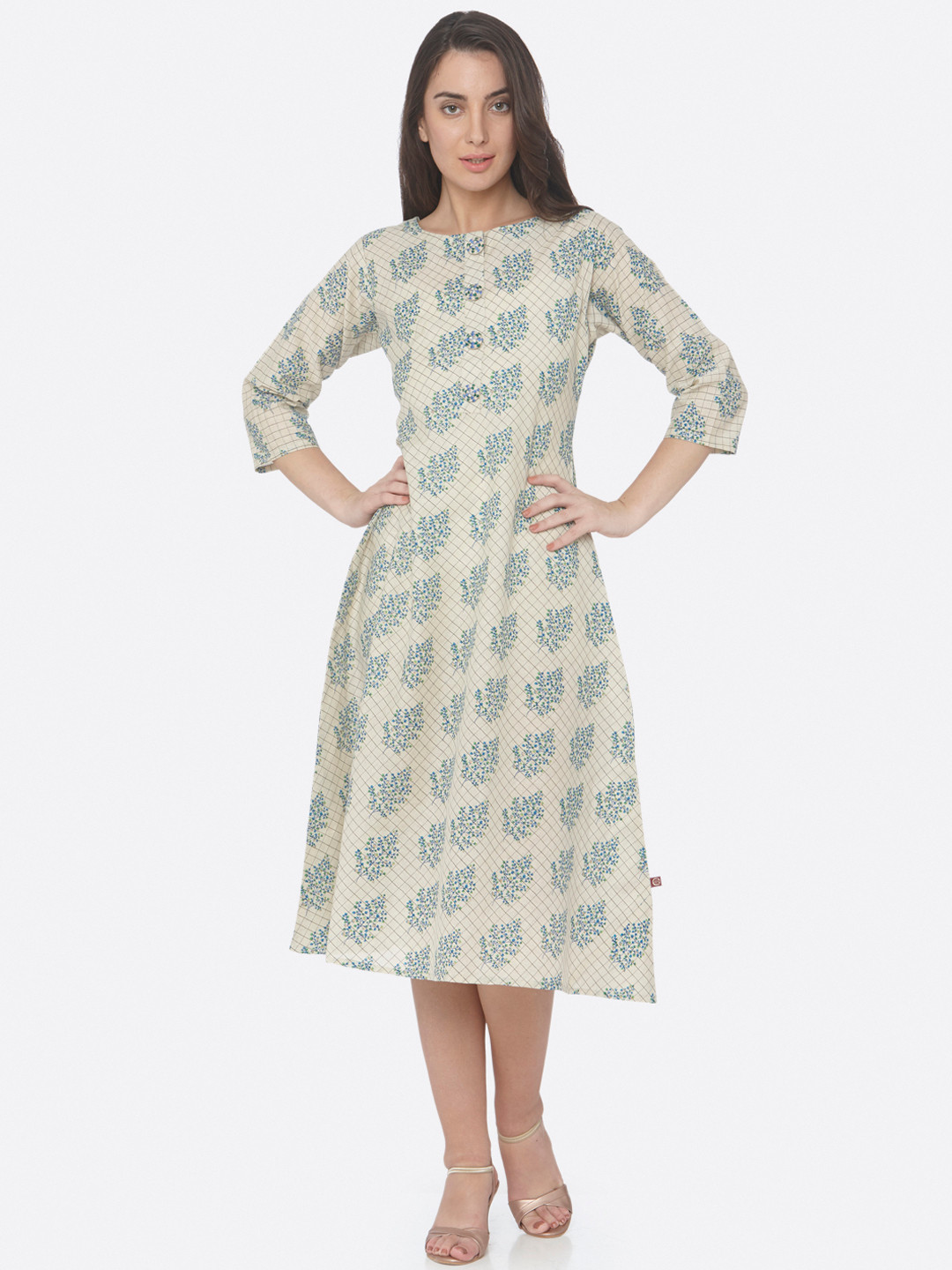 

RAISIN Women Beige & Blue Handloom Printed Fit and Flare Ethnic Dress