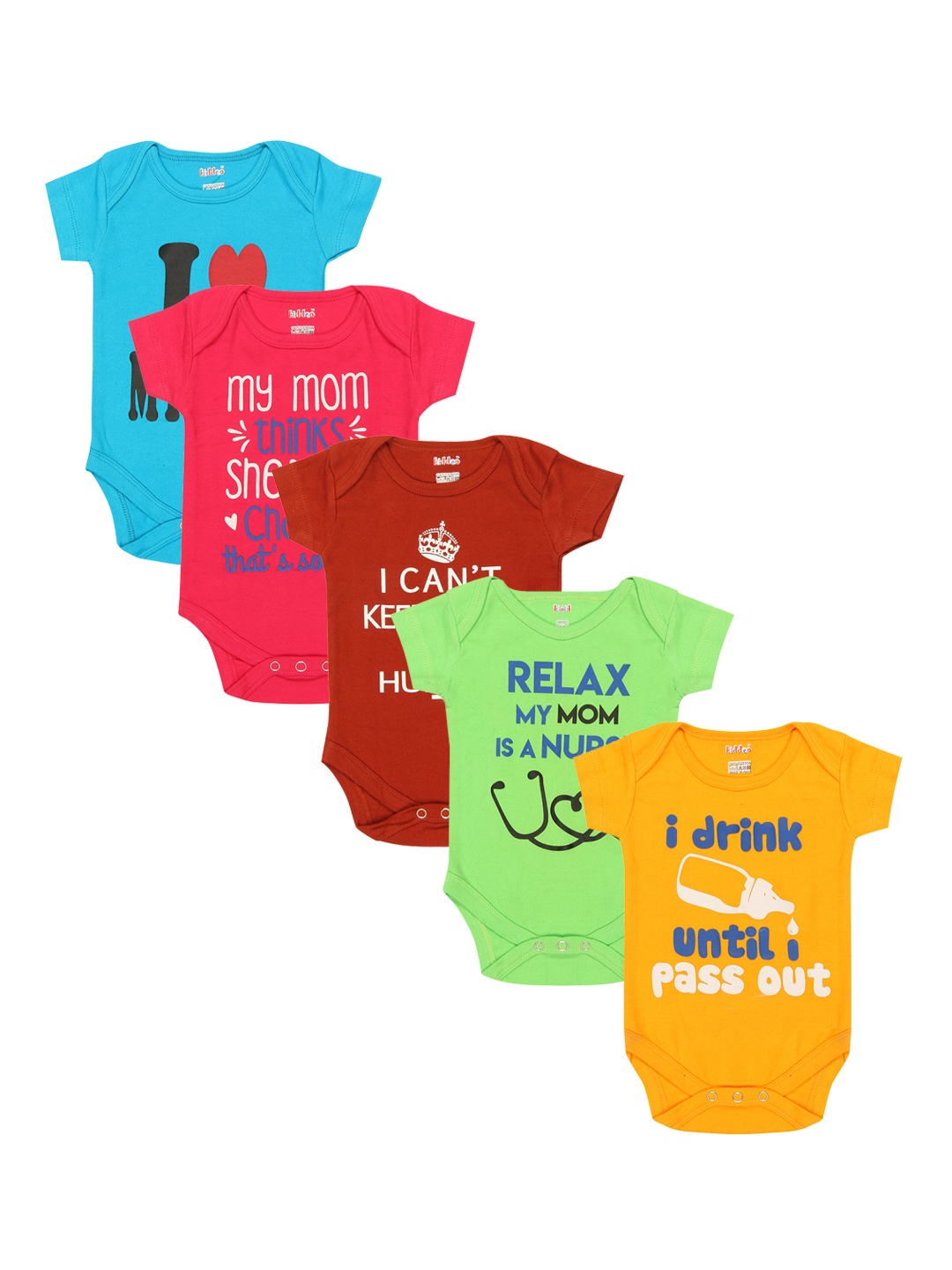 

Kiddeo Infants Pack of 5 Printed Pure Cotton Bodysuits, Multi