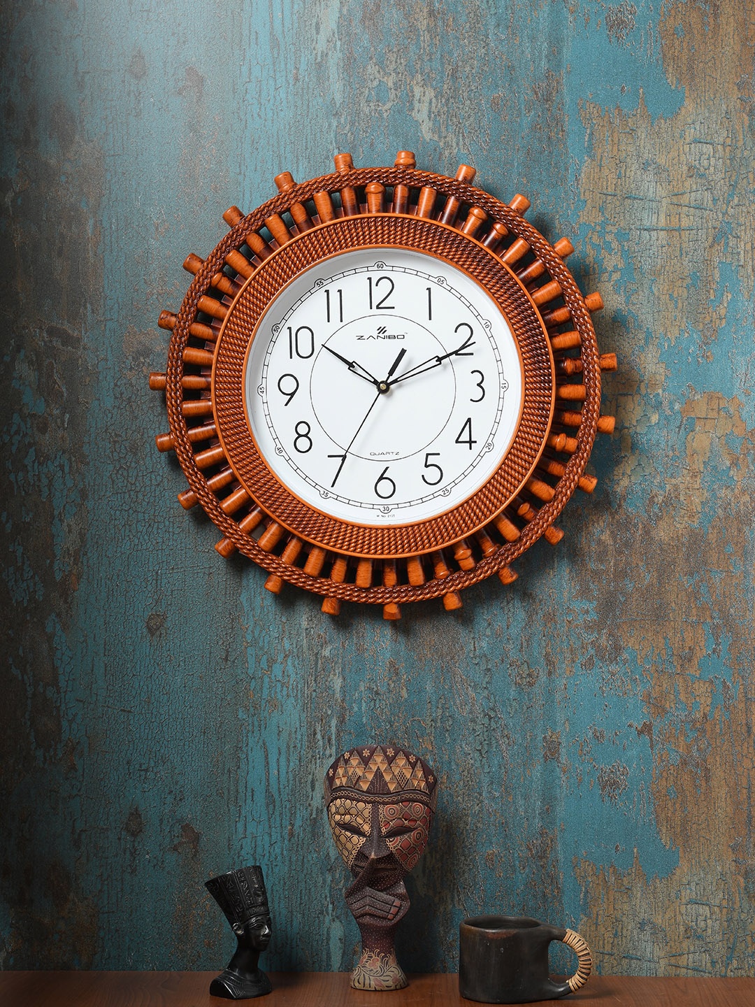 

ZANIBO White & Camel Brown Floral Solid Analogue Wall Clock