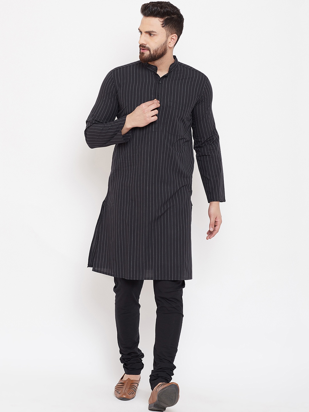 

even Men Black & Grey Striped Straight Kurta