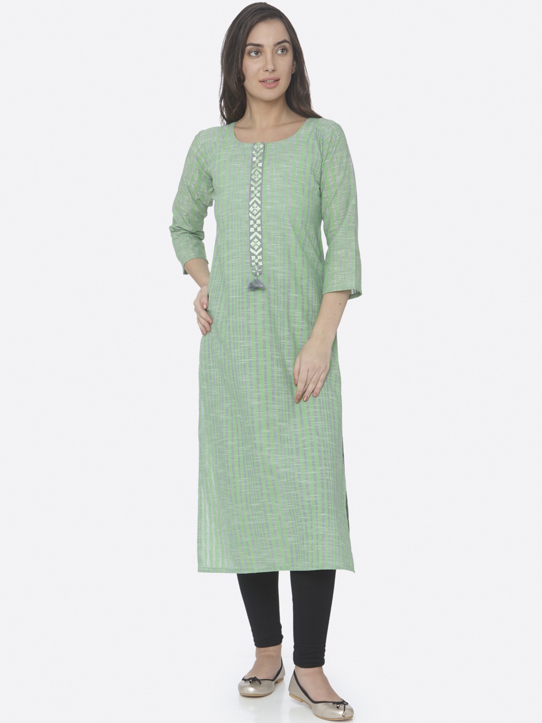 

RAISIN Women Green & Grey Striped Straight Kurta