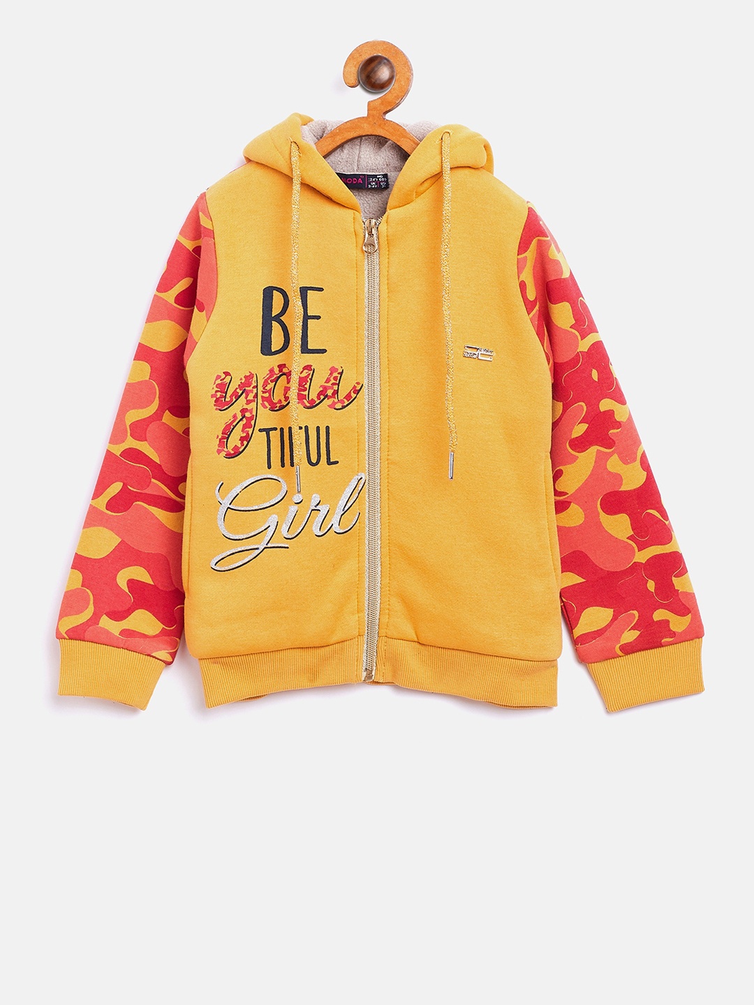 

Nins Moda Girls Mustard Yellow Printed Hooded Sweatshirt