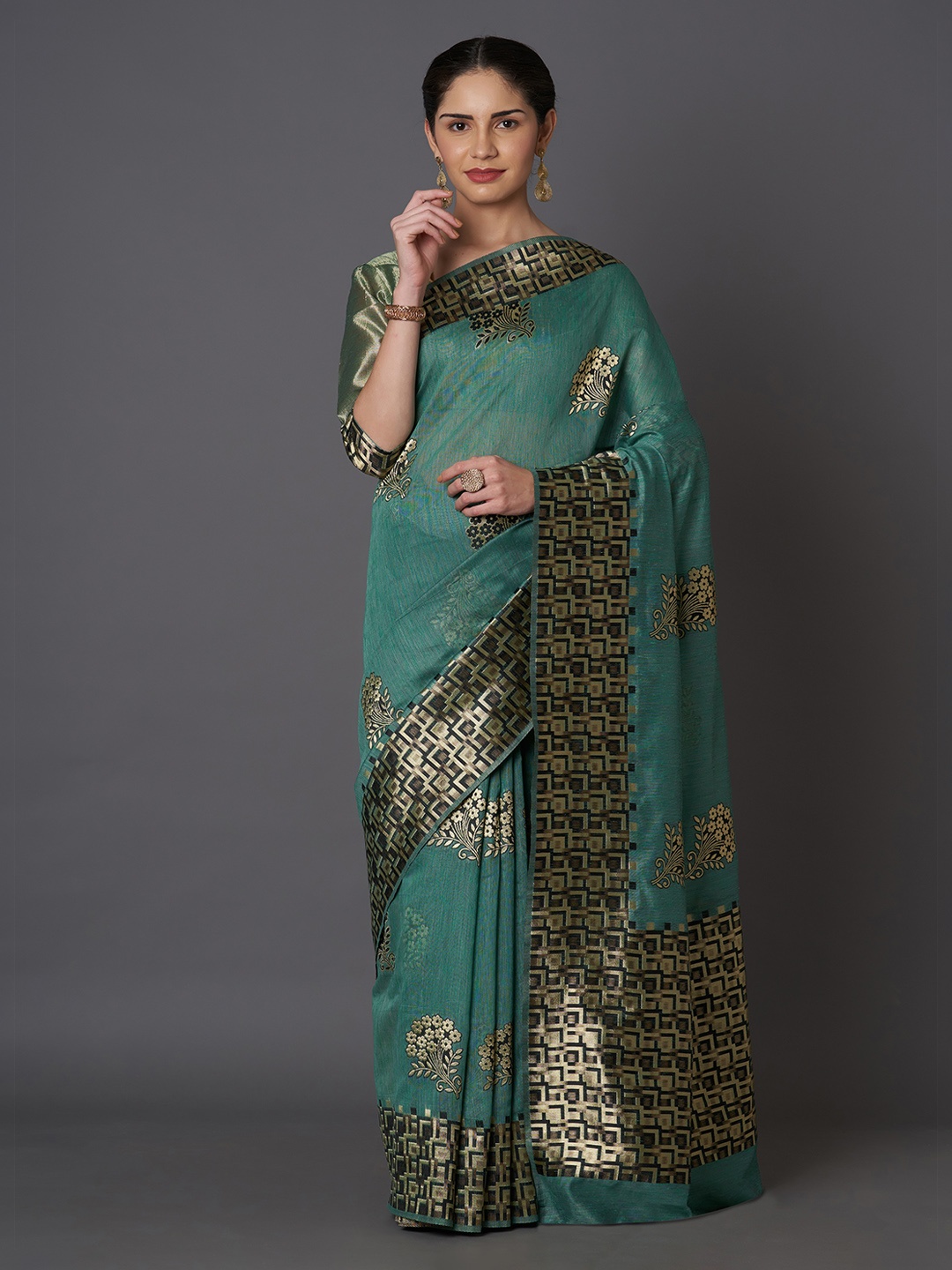 

Mitera Sea Green & Gold-Coloured Silk Blend Woven Design Kanjeevaram Saree